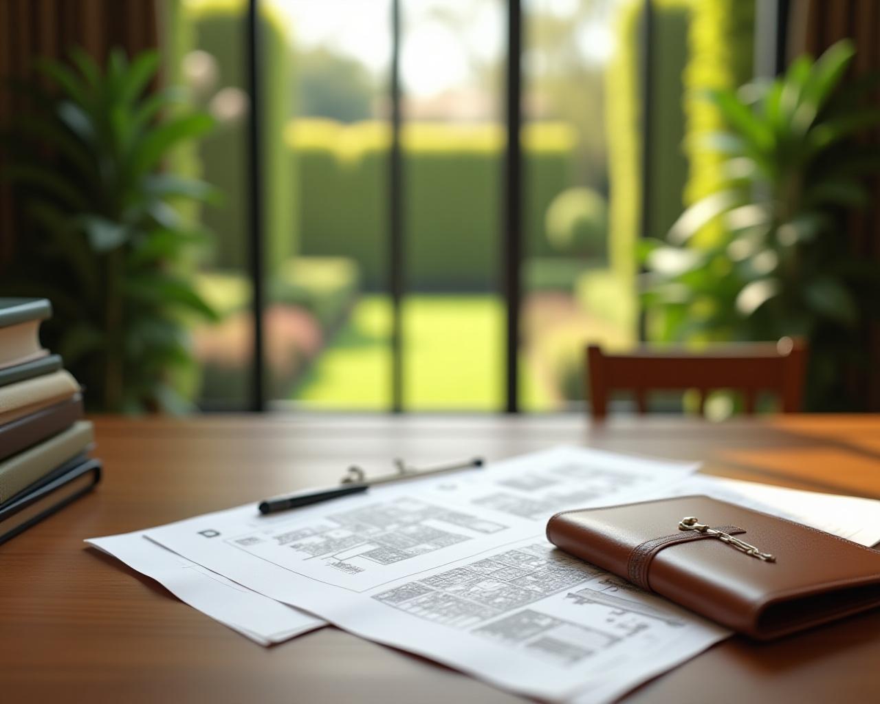 Legal documents on a wooden table with garden view