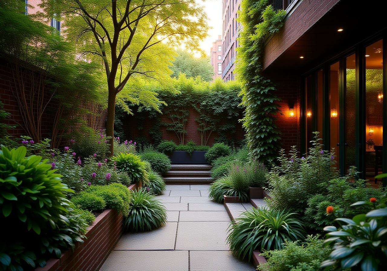 Lush Brooklyn brownstone garden in full bloom